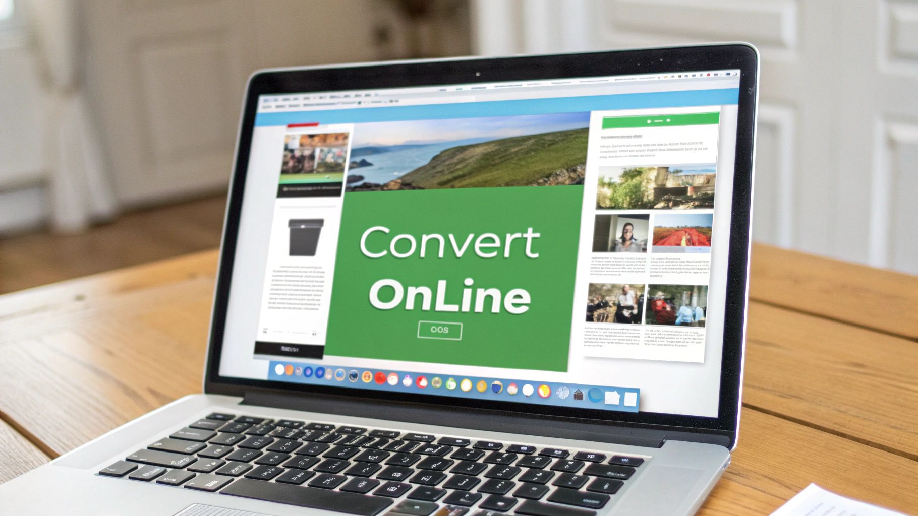 A silver laptop on a wooden desk displays a website with 'Convert OnLine' on a green background.