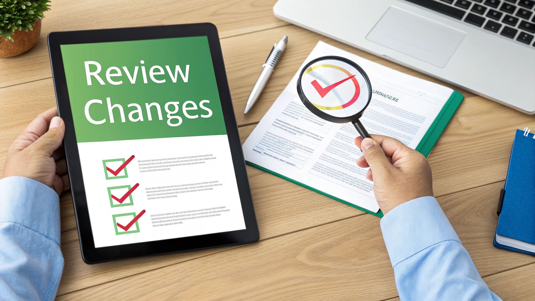 A person reviewing changes on a tablet and a physical document with a magnifying glass.