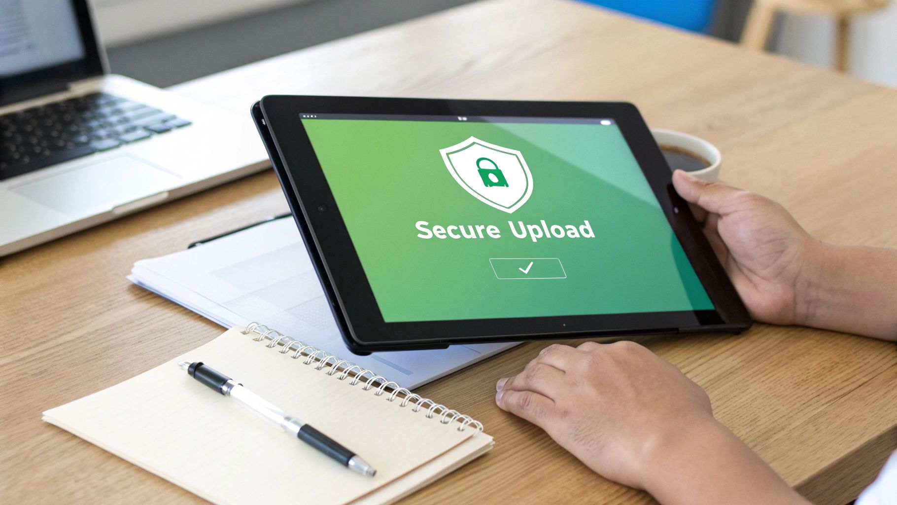 A person holds a tablet displaying a 'Secure Upload' screen with a shield and padlock icon.