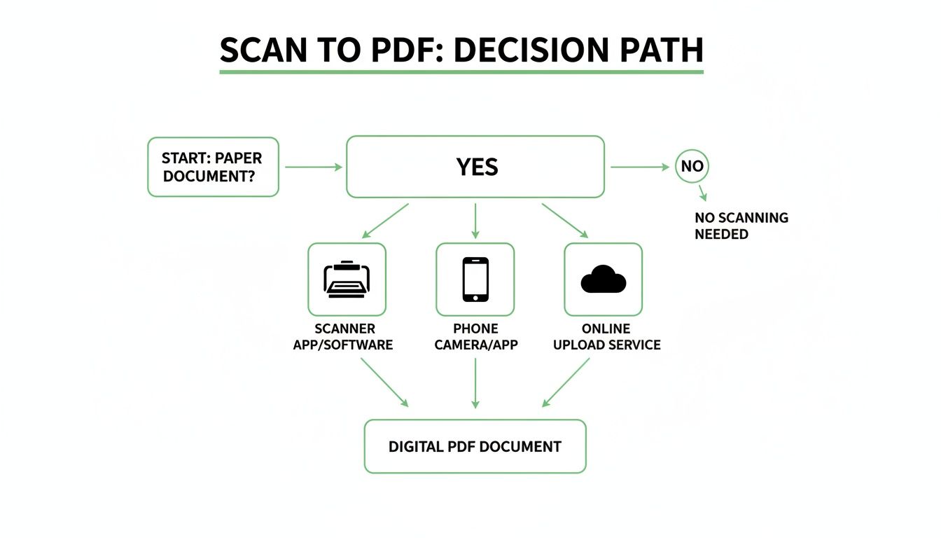 A flowchart showing the decision path to convert a paper document into a digital PDF.
