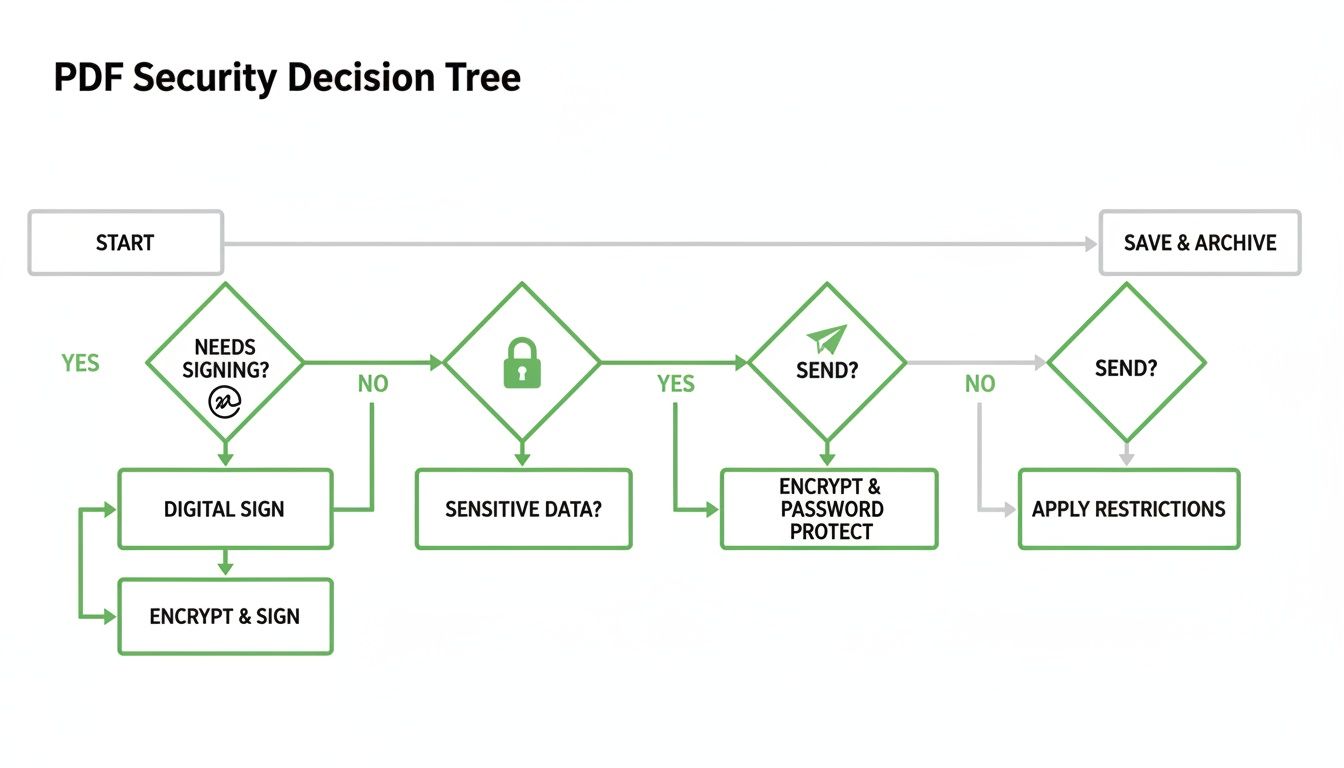 A flowchart illustrating a PDF security decision tree, covering signing, encryption, password protection, and restrictions.