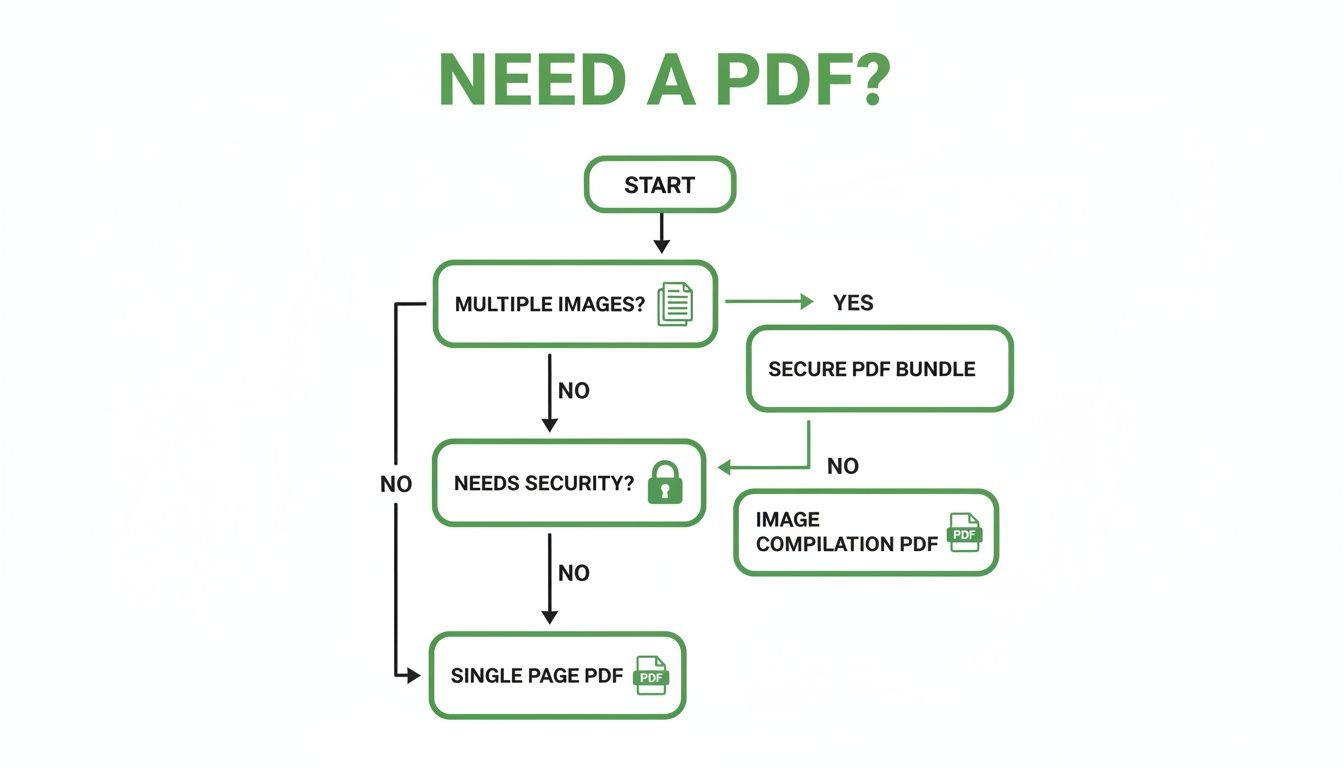 Diagrama de flujo que describe el proceso para convertir imágenes a diferentes tipos de PDF según múltiples imágenes y necesidades de seguridad.
