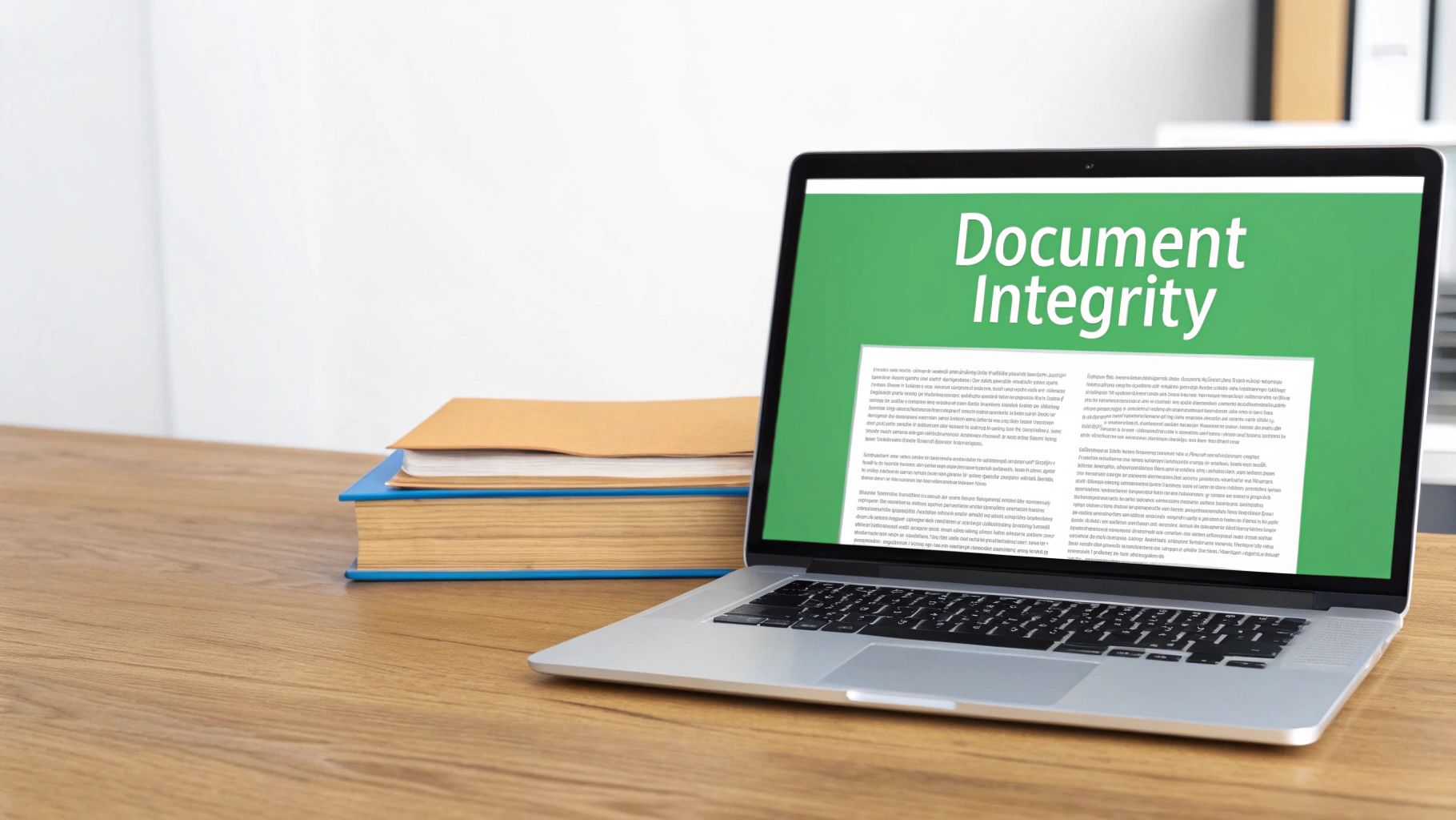 A laptop on a wooden desk displays 'Document Integrity' on its screen, with books nearby.