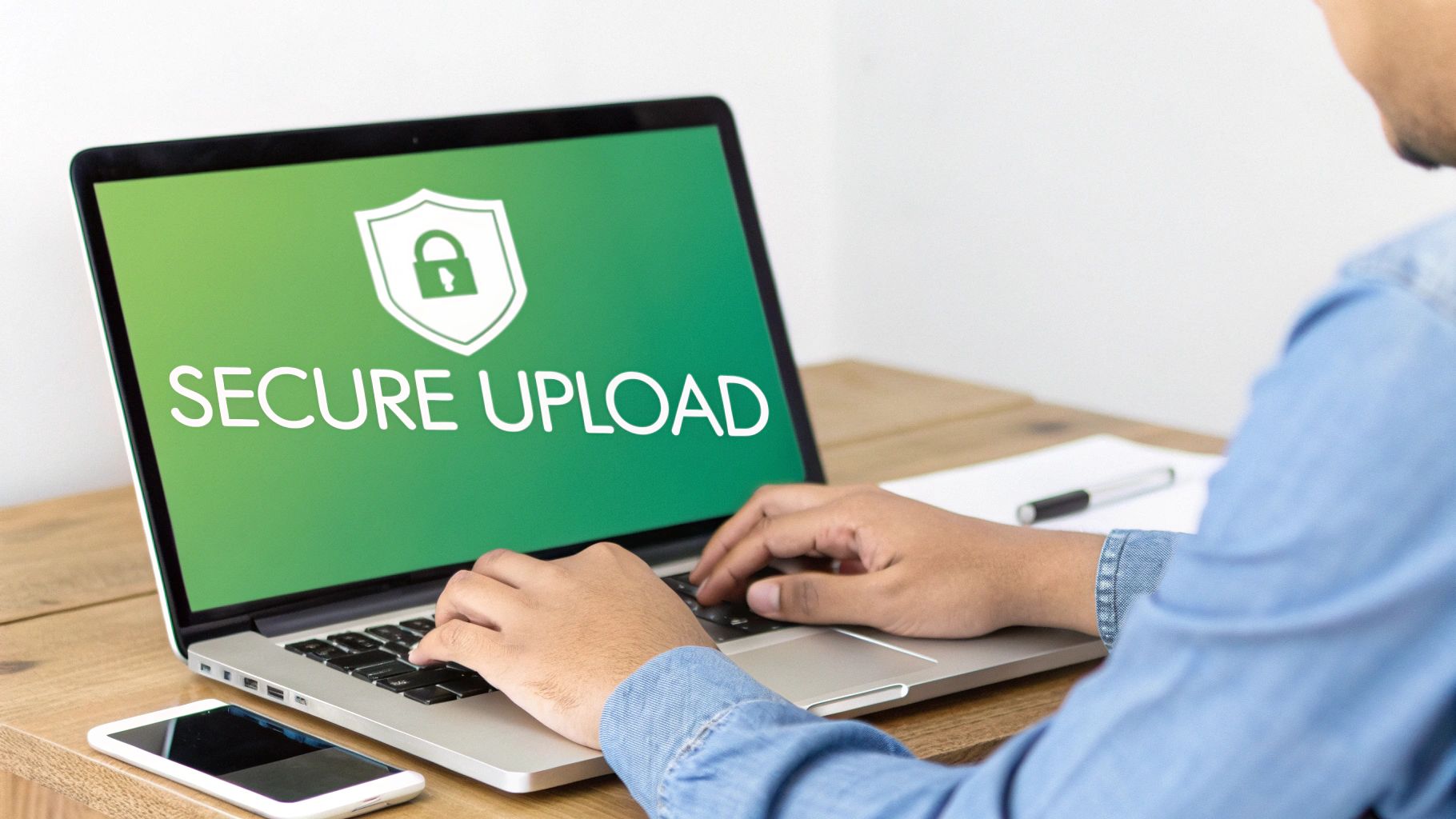 A person types on a laptop displaying 'SECURE UPLOAD' with a shield and padlock icon.