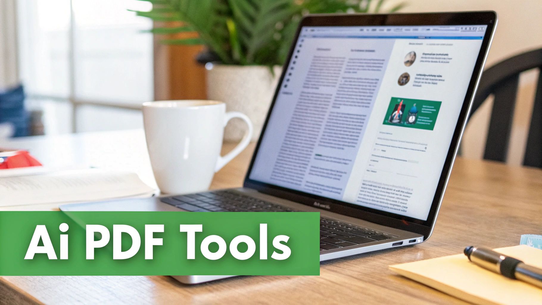 A laptop on a wooden desk displays a document, with a white coffee mug and pen. Overlay reads 'Ai PDF Tools'.