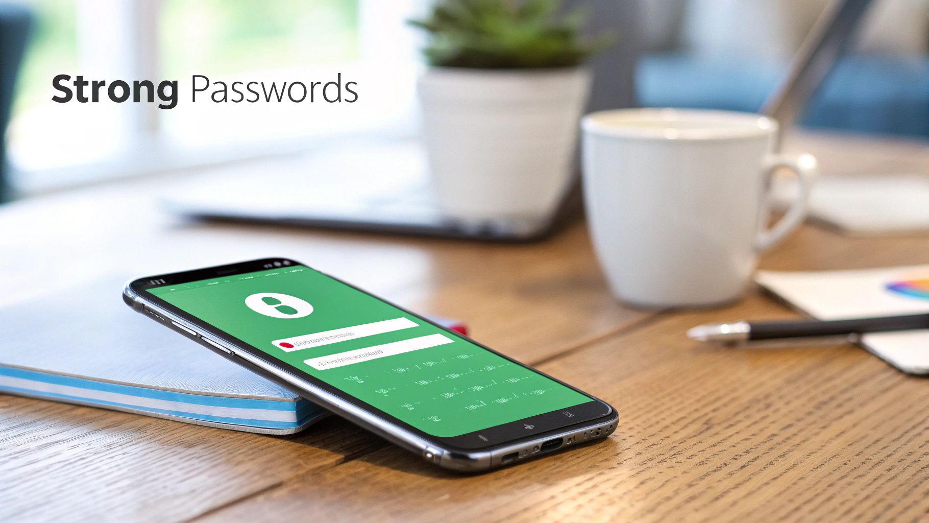 Smartphone on a wooden desk showing a login screen related to strong passwords.