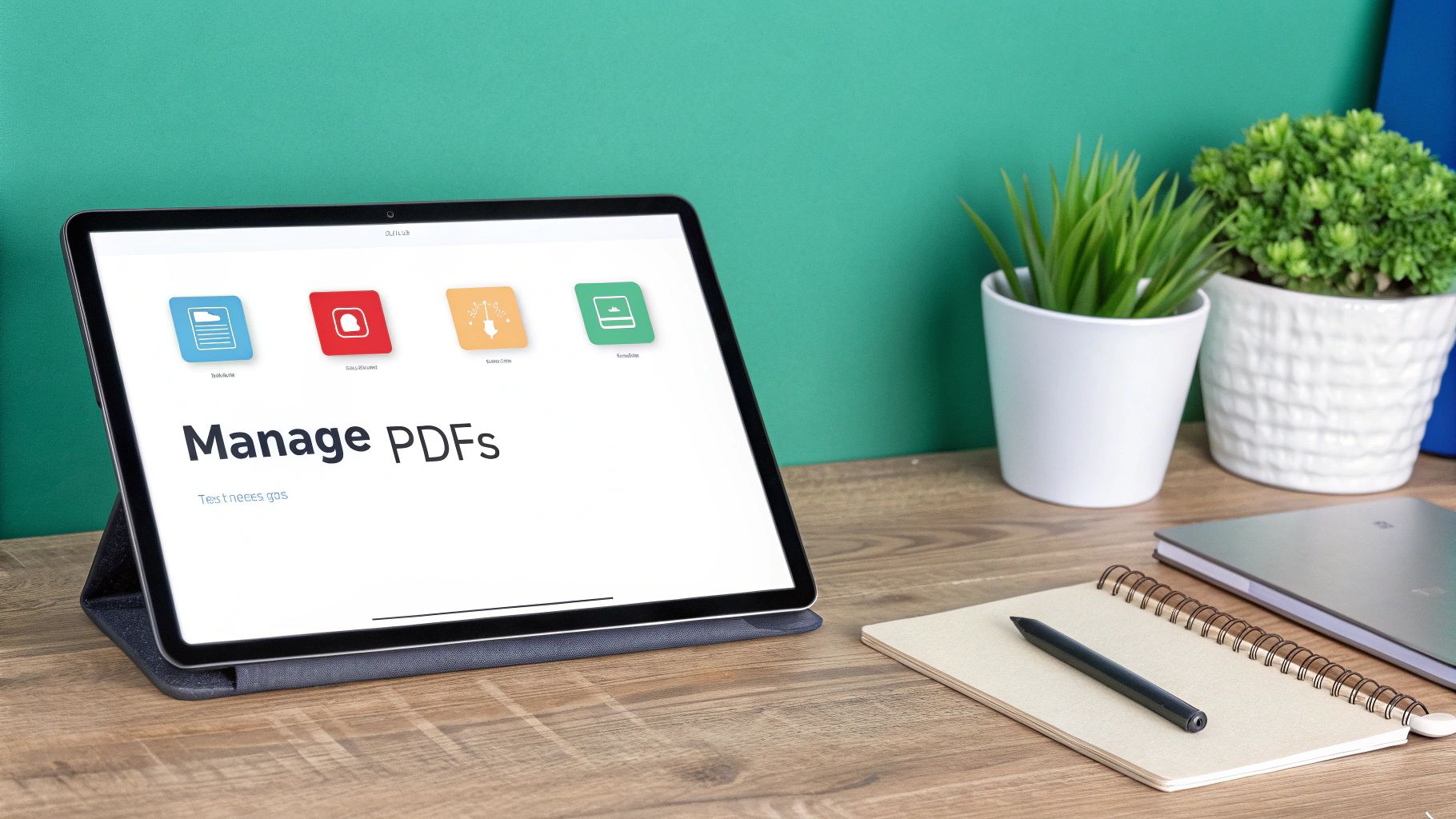 A tablet on a wooden desk displays 'Manage PDFs' with various icons, next to plants, a notebook, and a stylus.