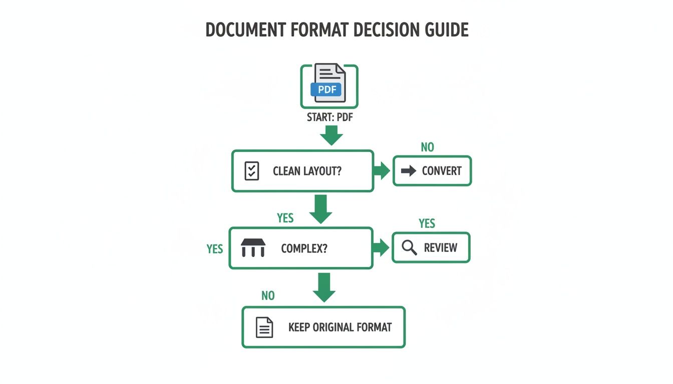 Flowchart guiding decisions on document format, starting with PDF, checking layout and complexity.