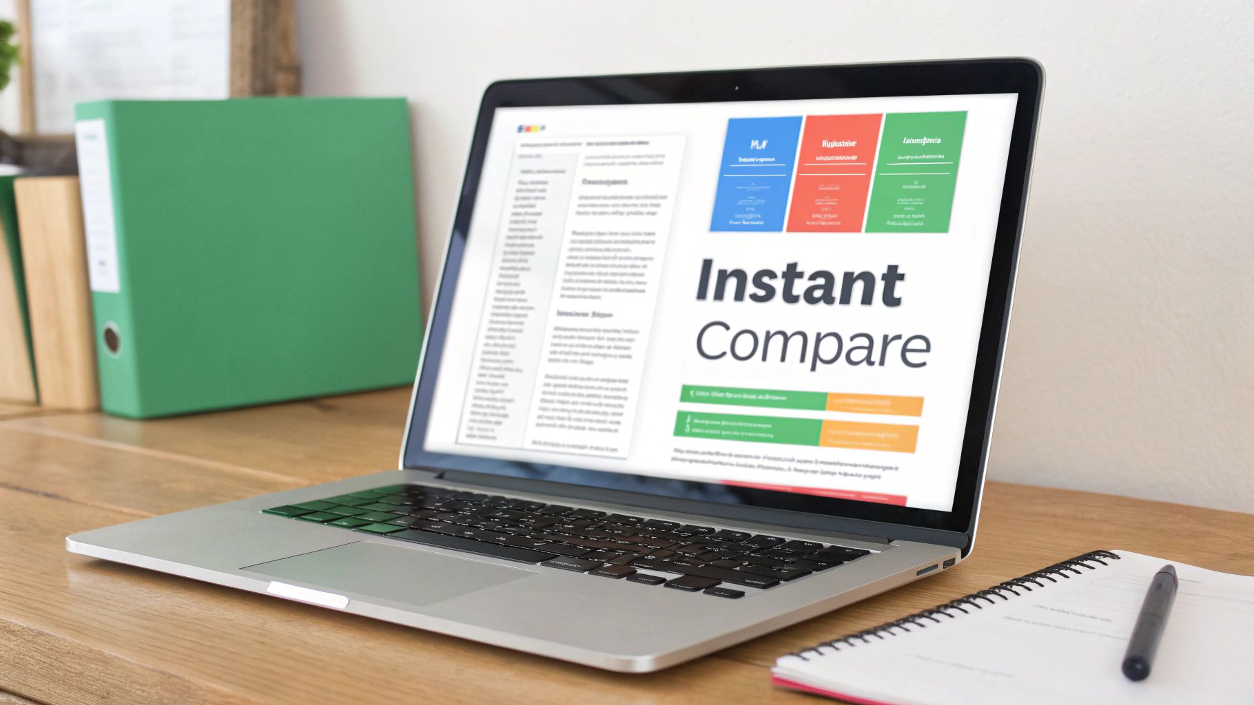 A laptop on a wooden desk displays 'Instant Compare' on its screen, with binders and a notebook nearby.