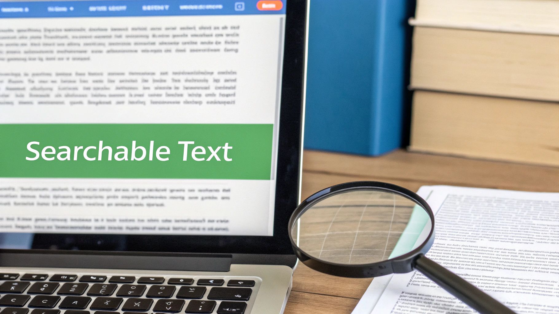 A laptop screen displaying 'Searchable Text', with a magnifying glass over a document.