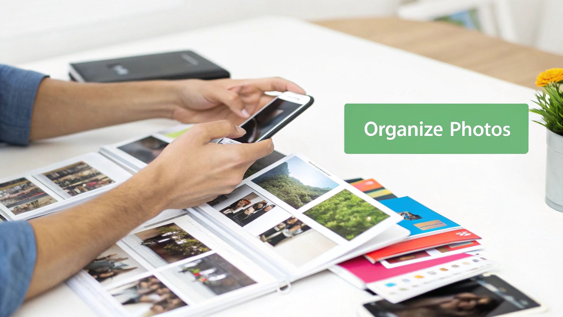 Hands holding a smartphone over an open photo album with many pictures, next to stacked brochures, emphasizing photo organization.