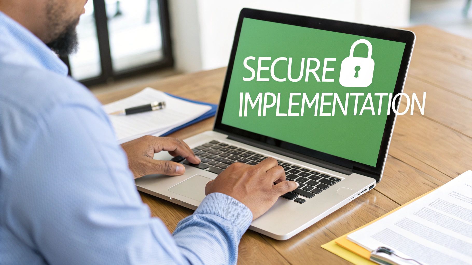 A person typing on a laptop, with the screen displaying 'Secure Implementation' and a lock icon.