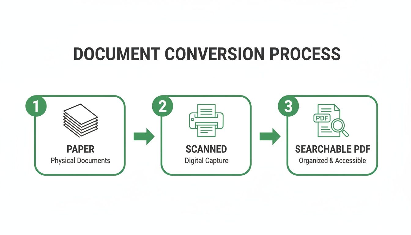 Diagram illustrating the document conversion process from physical paper to a searchable digital PDF.