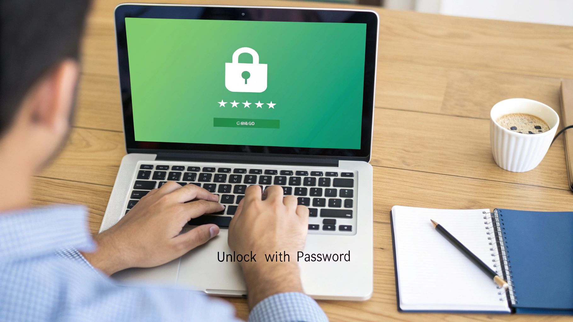 A person typing on a laptop screen displaying a padlock and stars for password entry.