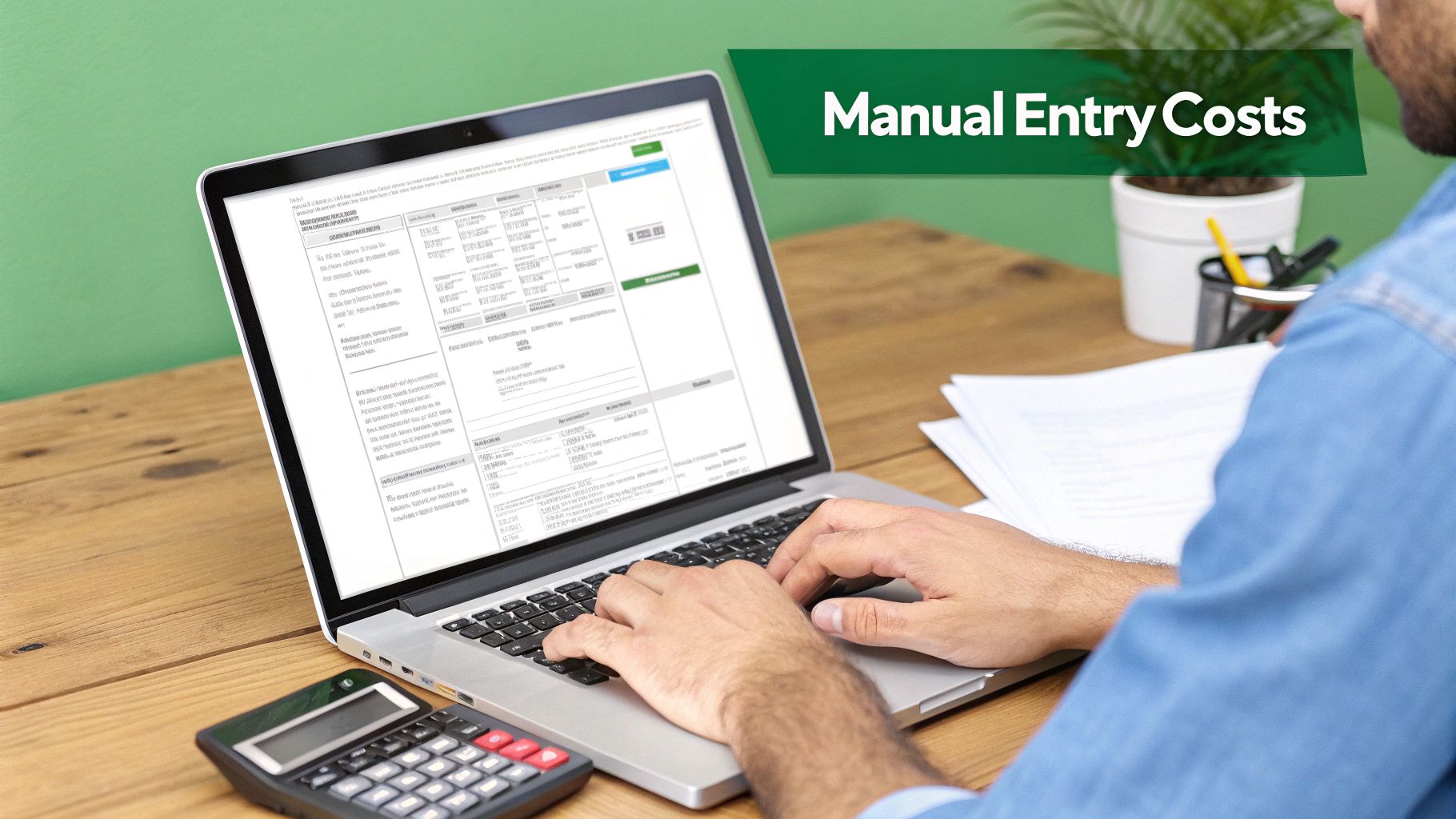 A person is typing on a laptop with a calculator nearby, displaying a form related to manual entry costs.