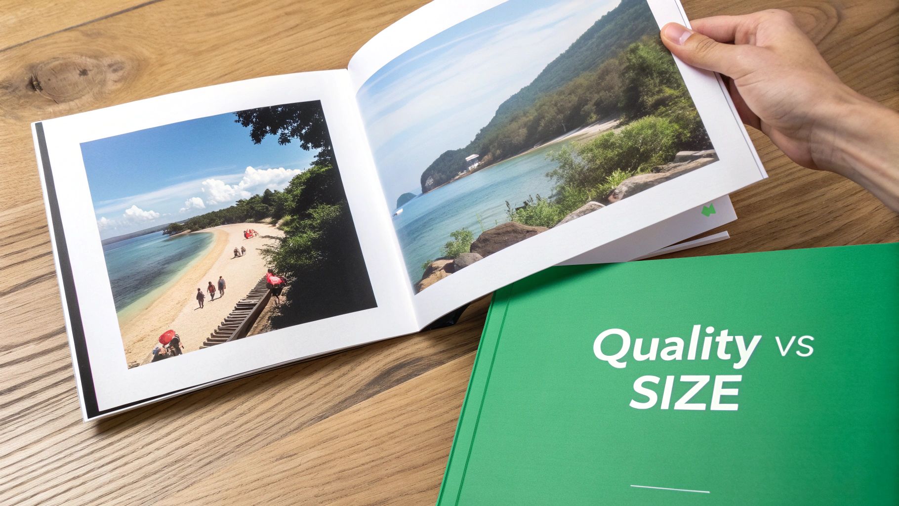 Una mano pasa una página de un álbum de fotos abierto que muestra escenas de playa, junto a un libro verde titulado 'Calidad vs TAMAÑO'.