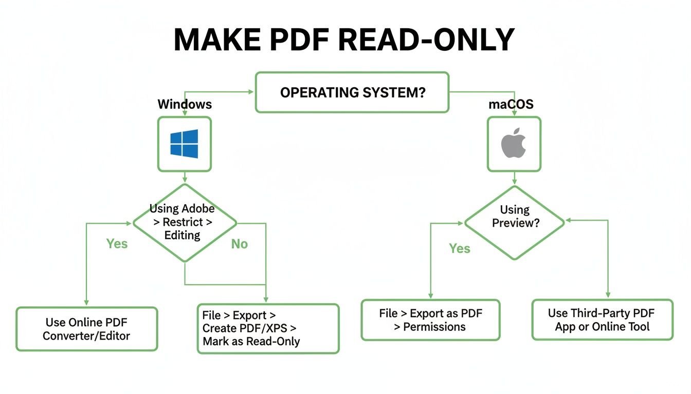 Flowchart detailing the steps to make a PDF read-only on Windows or macOS using different methods.