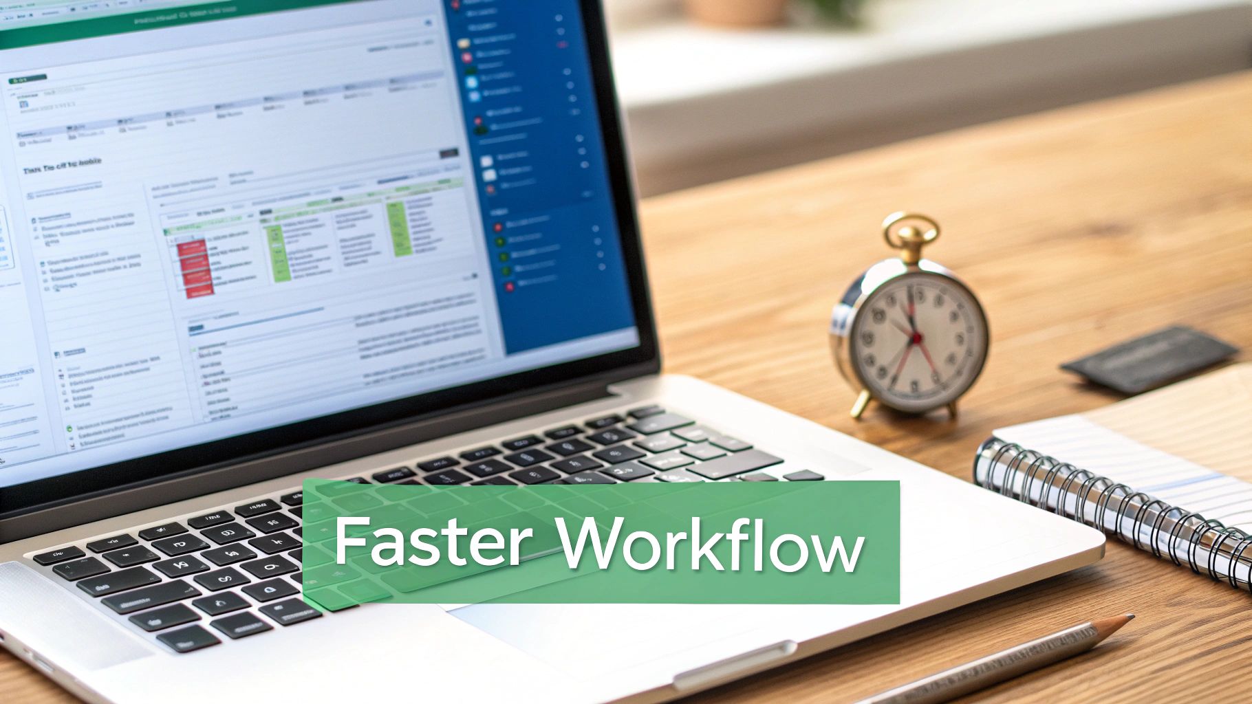 A laptop on a wooden desk displaying a digital workflow, with an alarm clock and notebook, highlighting "Faster Workflow."