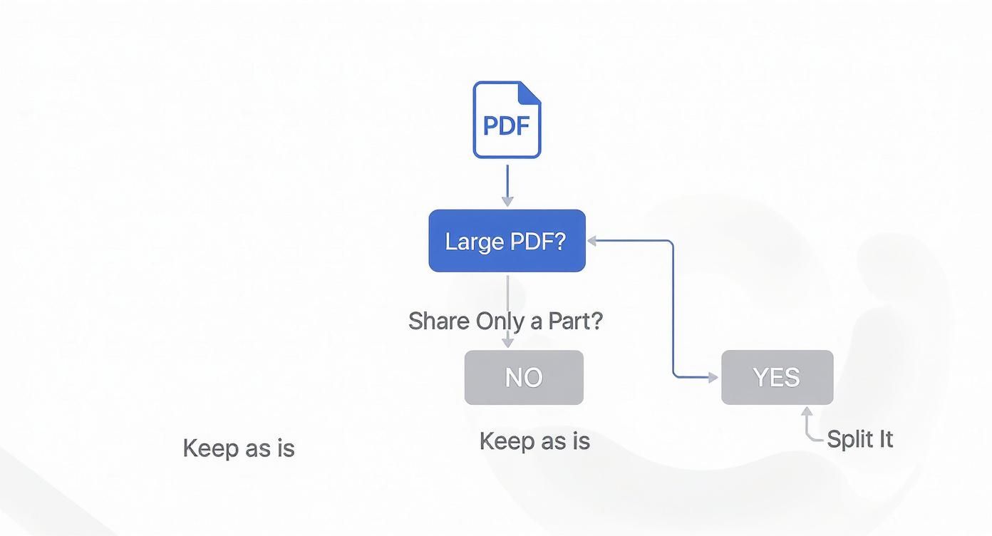 Flowchart explaining when to split a PDF document, based on size or sharing needs.