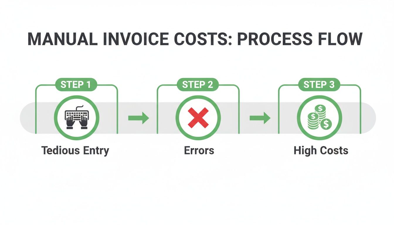 A process flow diagram illustrating the manual invoice costs: tedious entry, errors, and high costs.