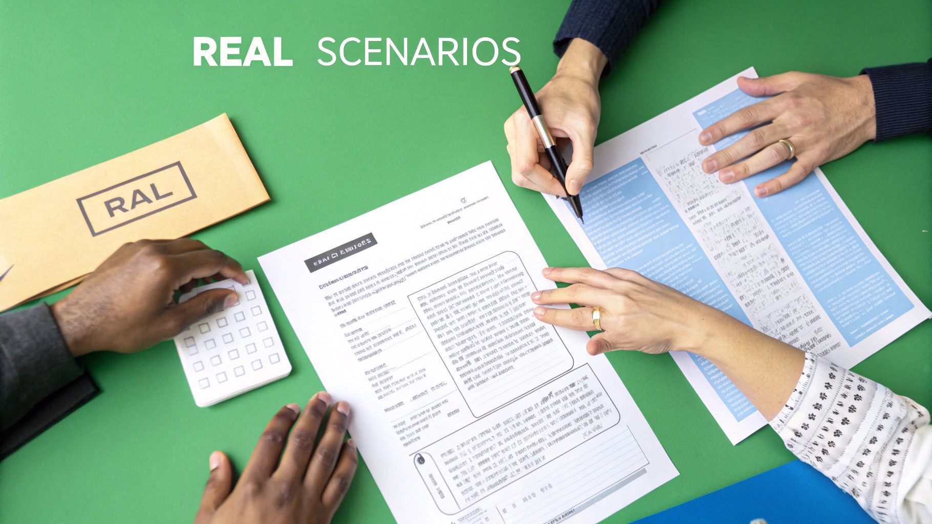 Multiple hands on a green table reviewing documents, using a pen and calculator.