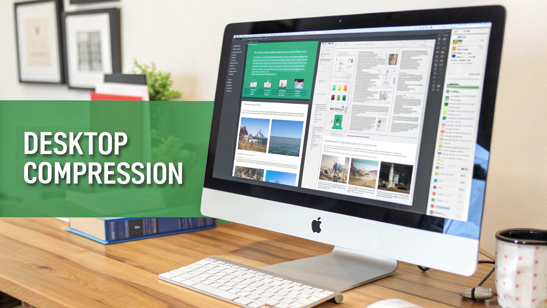 Modern iMac desktop setup displaying design software with a green 'DESKTOP COMPRESSION' banner.