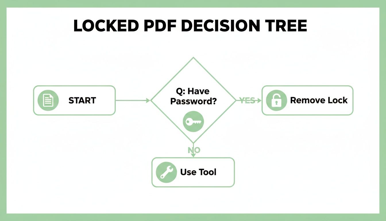 A decision tree flowchart showing steps to unlock a PDF: start, check for password, then remove lock or use a tool.