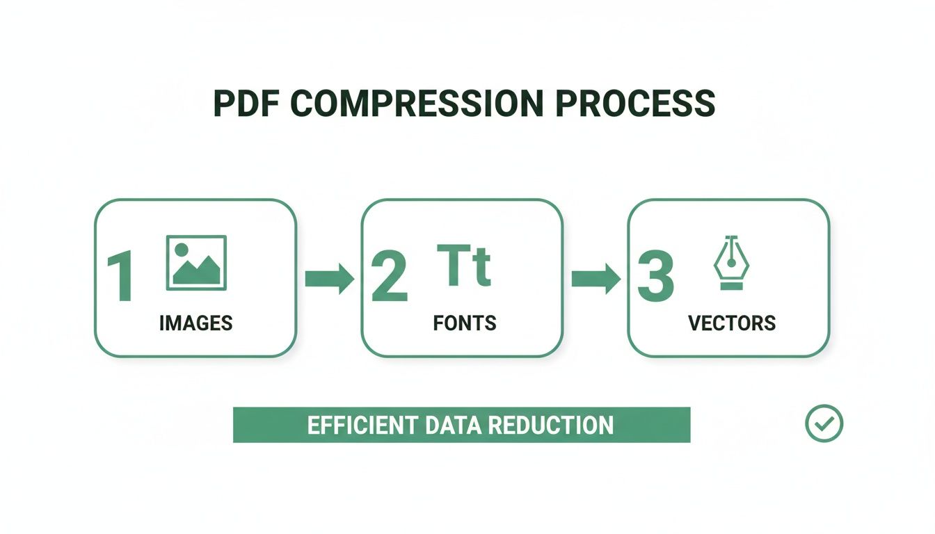 Diagram illustrating the PDF compression process, focusing on optimizing images, fonts, and vectors for efficient data reduction.