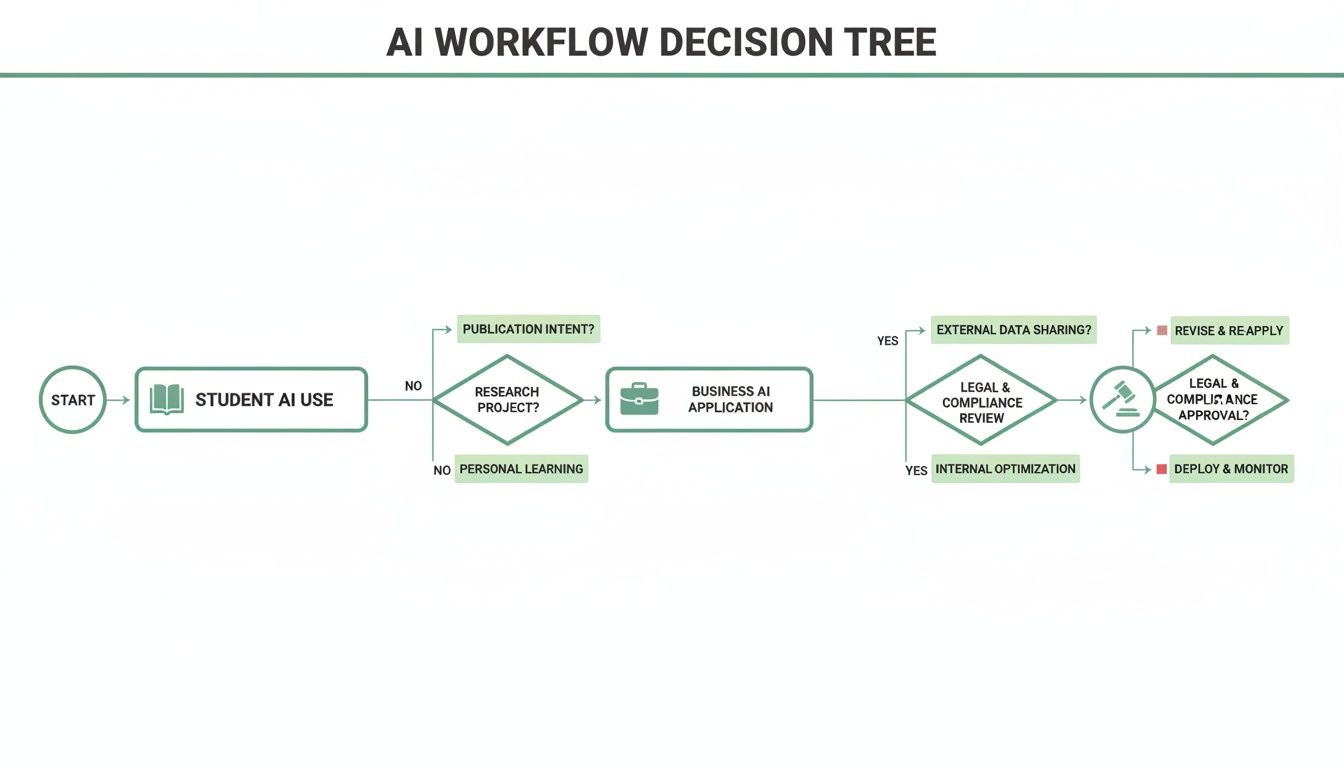 A flowchart titled 'AI Workflow Decision Tree' outlining steps from student AI use to deployment and monitoring.