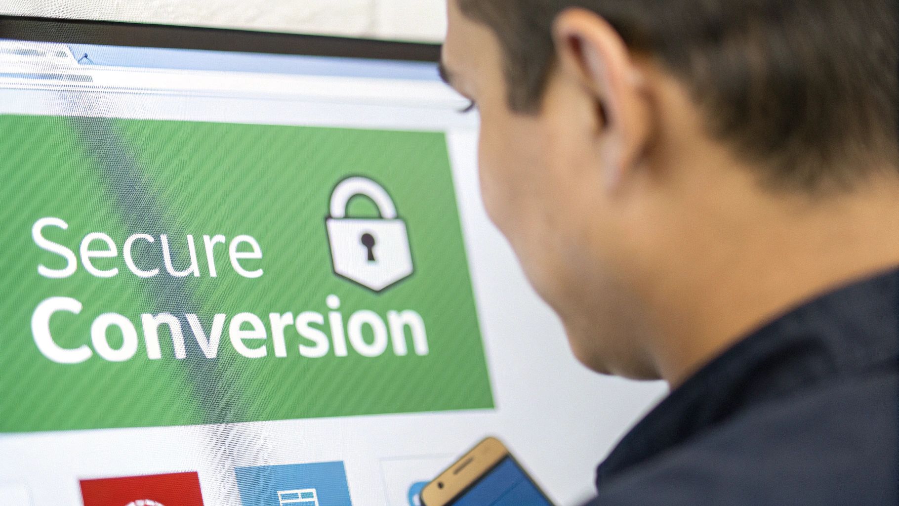 A person views a computer screen displaying 'Secure Conversion' and a padlock icon, suggesting data security.