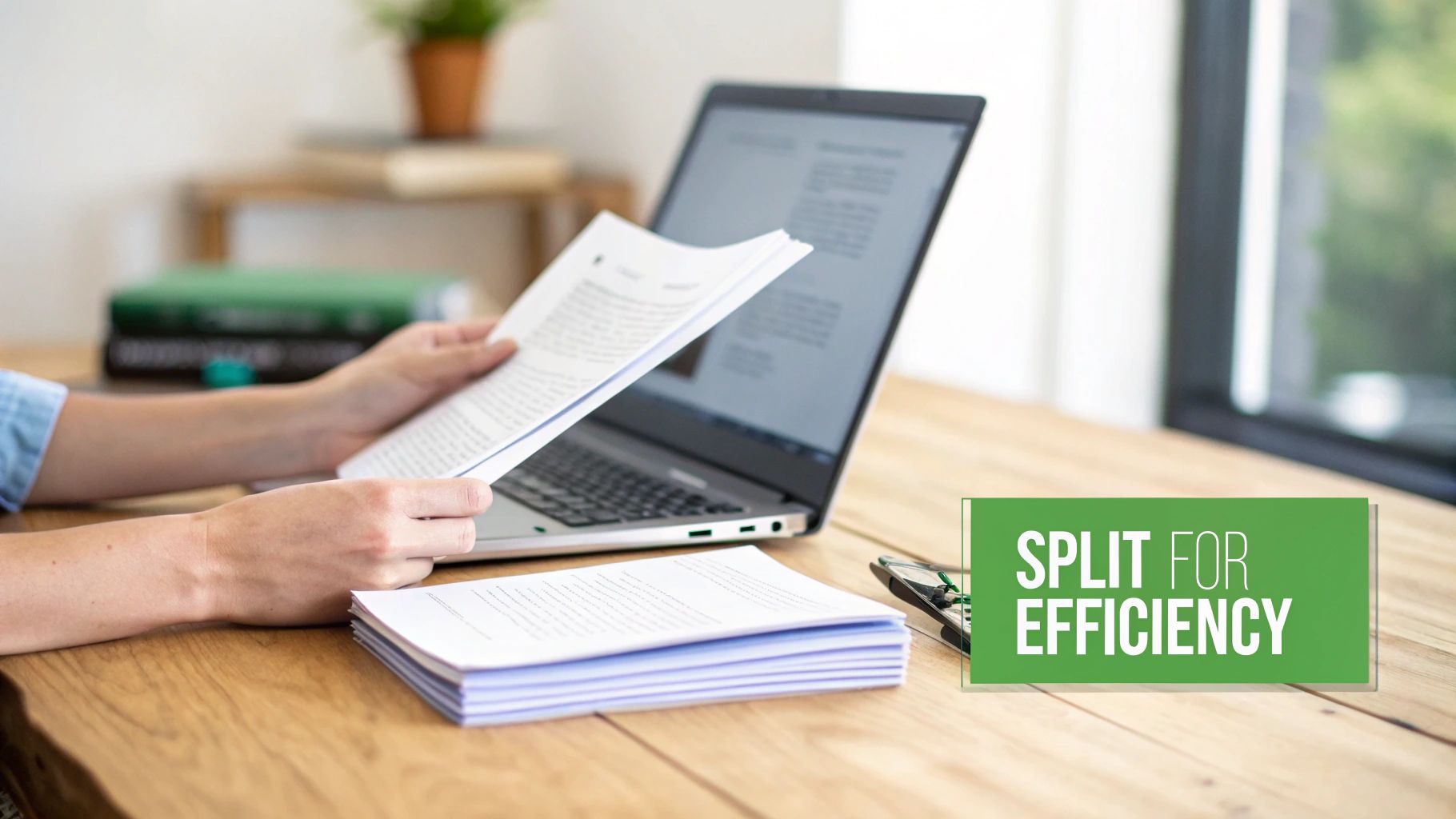Manos sosteniendo un documento, junto a una computadora portátil y una pila de papel, con un letrero de 'Dividir por eficiencia'.