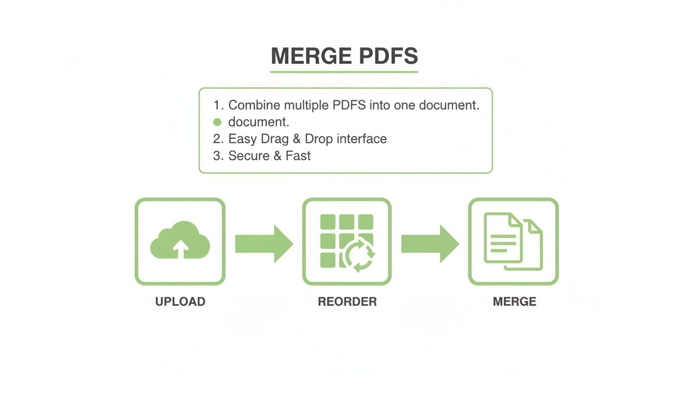 Una guía visual que describe tres pasos para fusionar documentos PDF: cargar, reordenar y fusionar archivos.