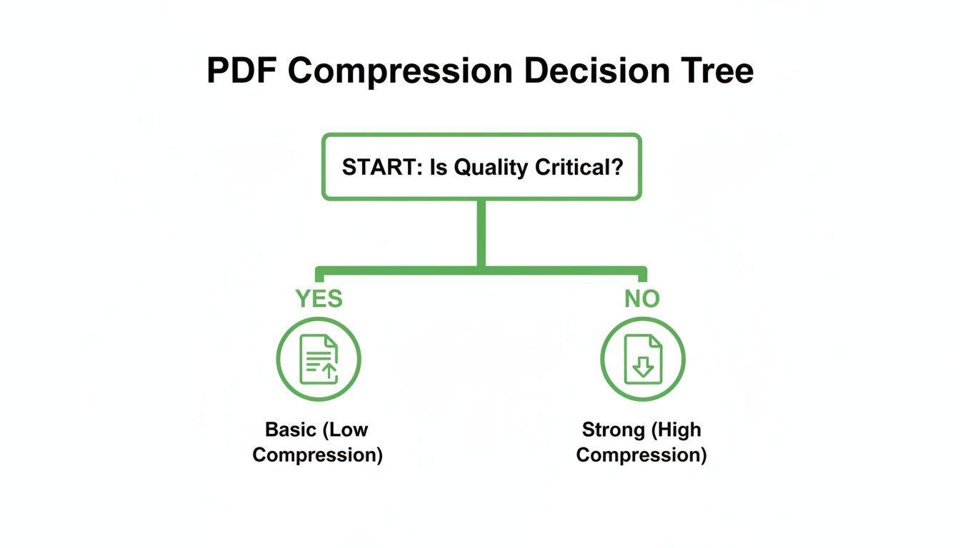 Un diagrama de flujo de árbol de decisiones de compresión de PDF que pregunta si la calidad es crítica, lo que lleva a opciones de compresión baja o alta.