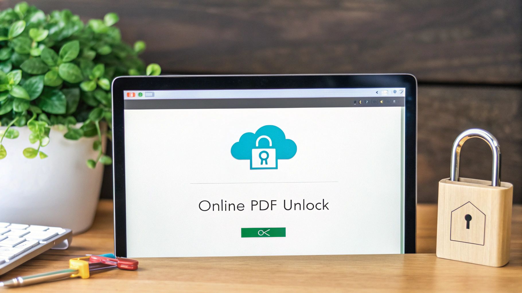 A laptop screen displays "Online PDF Unlock" with a cloud-padlock icon, next to a wooden padlock.