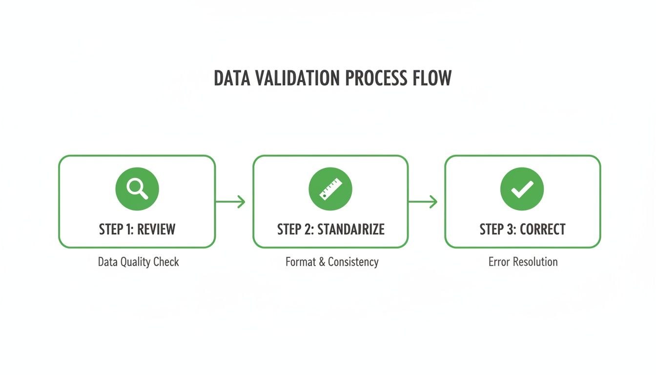 A data validation process flow diagram showing three steps: review, standardize, and correct data.