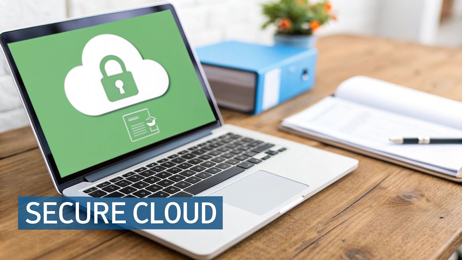 A laptop displaying a secure cloud icon and document checkmark on a green screen, with 'SECURE CLOUD' text.