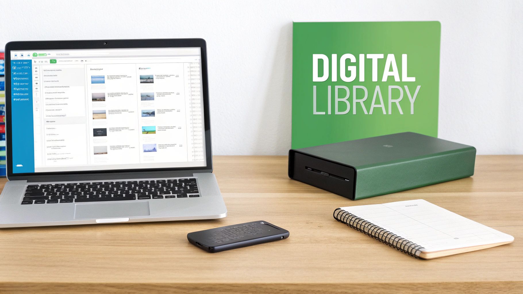 A digital library setup with a laptop, external drive, remote, and notebook on a wooden desk.