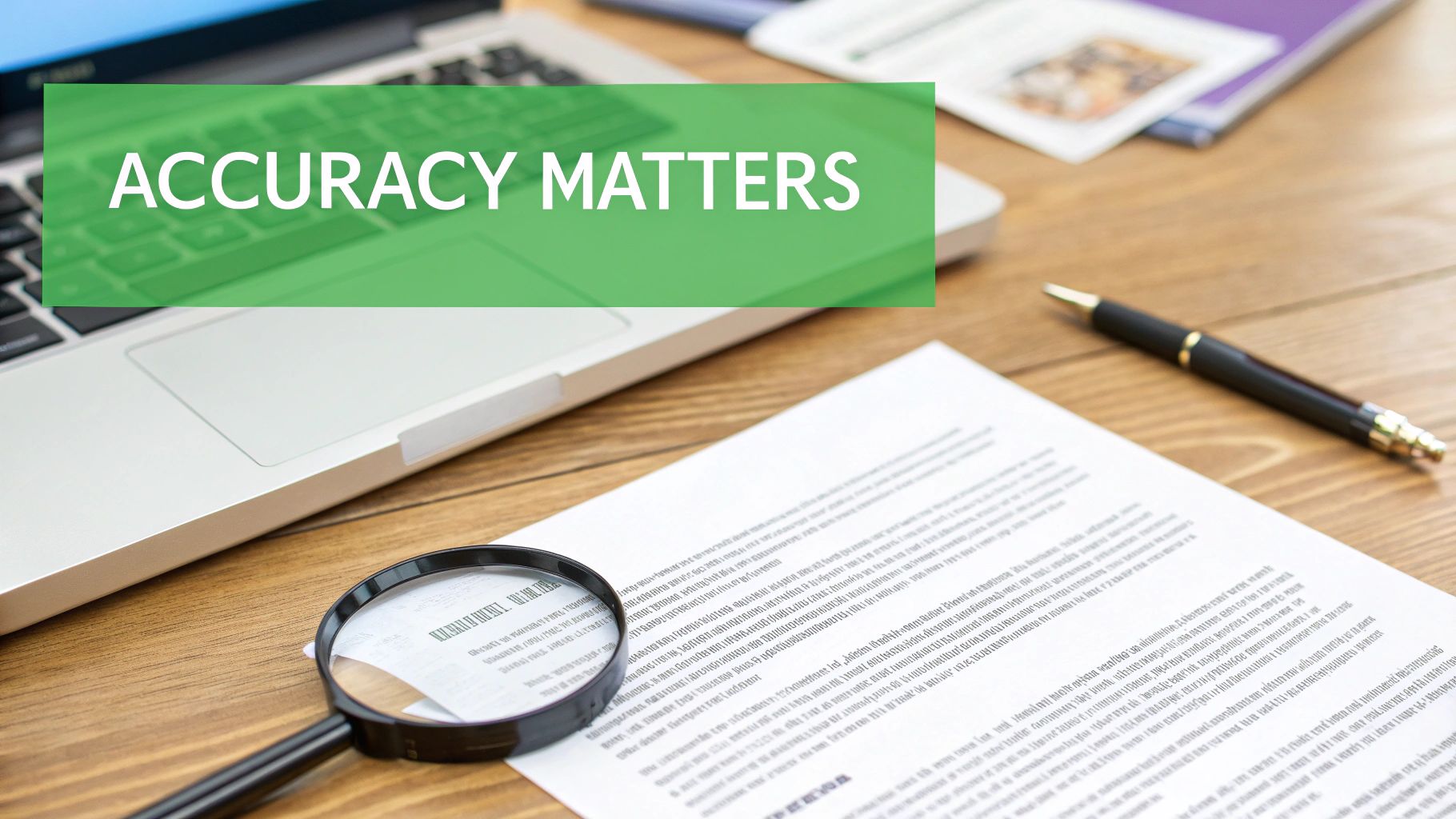 A desk with a laptop, document, magnifying glass, and pen, with 'ACCURACY MATTERS' overlay.