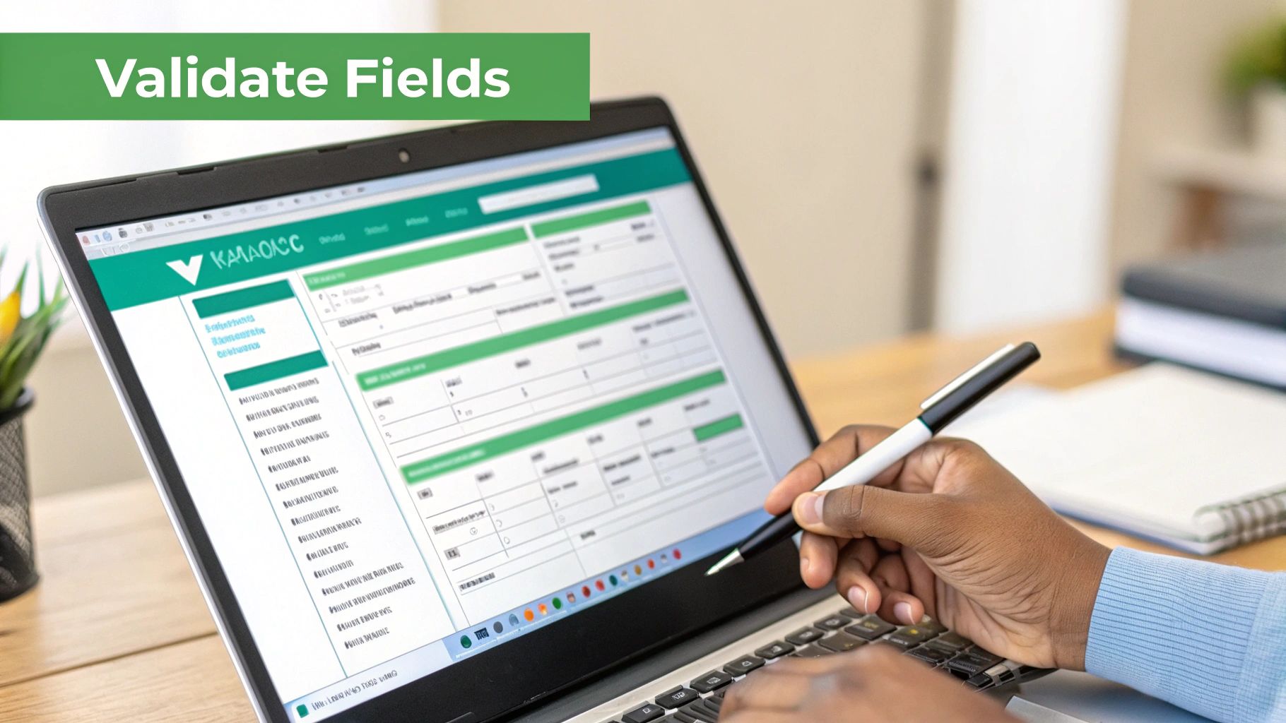 A person validating data fields on a laptop screen, holding a pen and interacting with the system.