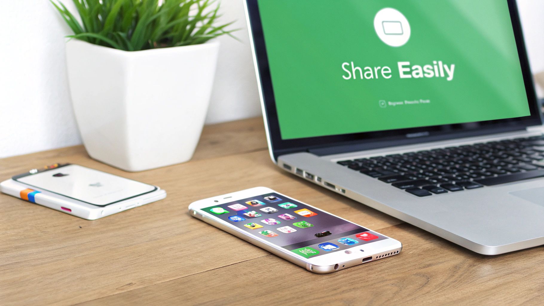 Una computadora portátil que muestra 'Compartir fácilmente' en una pantalla verde, con dos teléfonos inteligentes y una planta en maceta en un escritorio de madera.