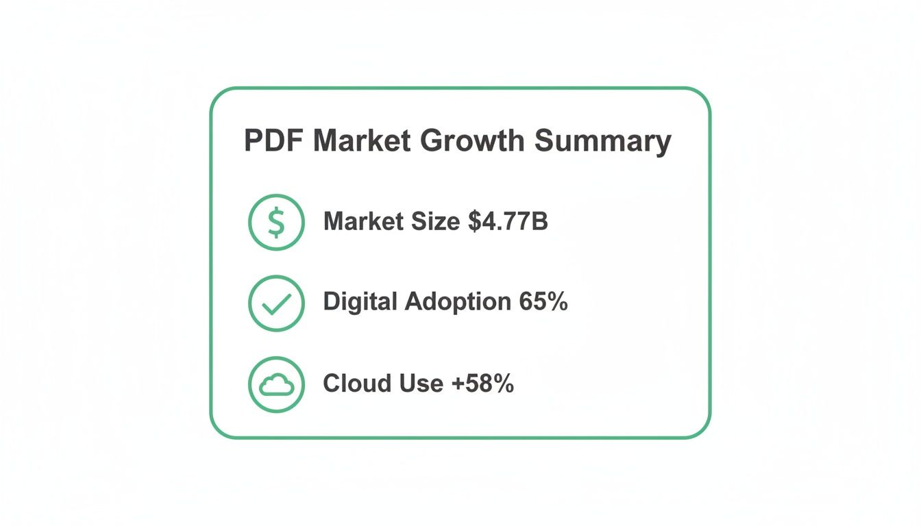 A summary of PDF market growth showing market size, digital adoption, and cloud usage statistics.