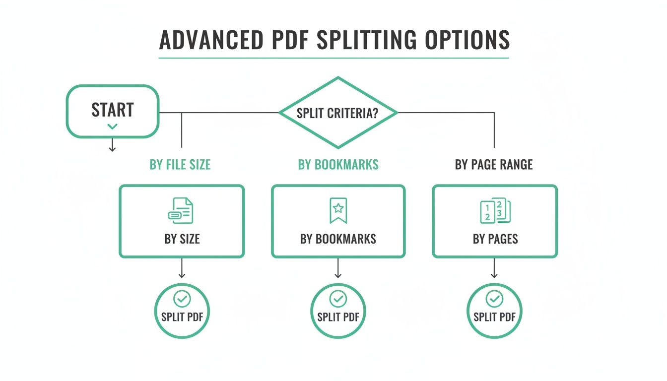 Diagrama de flujo que ilustra opciones avanzadas de división de PDF por tamaño de archivo, marcadores o rango de páginas.
