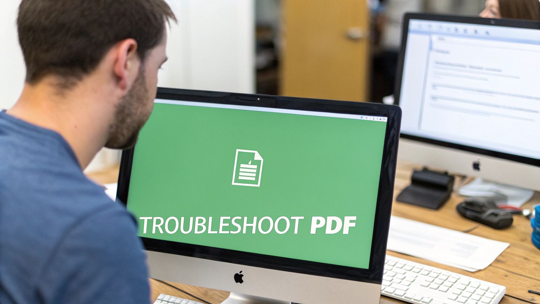 A person looking at a computer screen with a thoughtful expression, troubleshooting a problem.