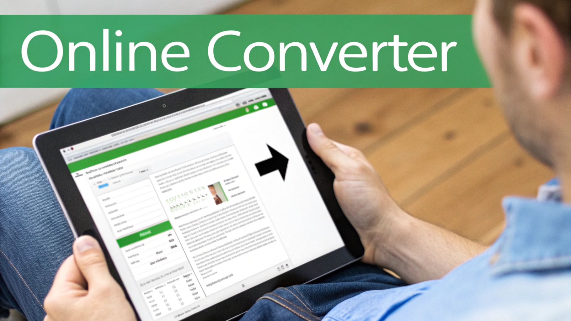 Person holding a tablet displaying an online converter website with a large black arrow, under a 'Online Converter' banner.