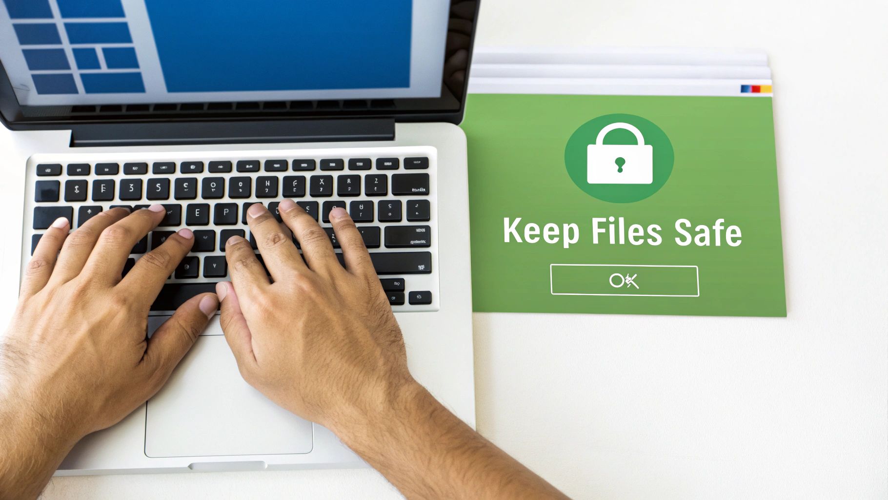 Las manos de una persona escriben en una computadora portátil junto a una pantalla digital que muestra 'Mantener archivos seguros' con un icono de candado.