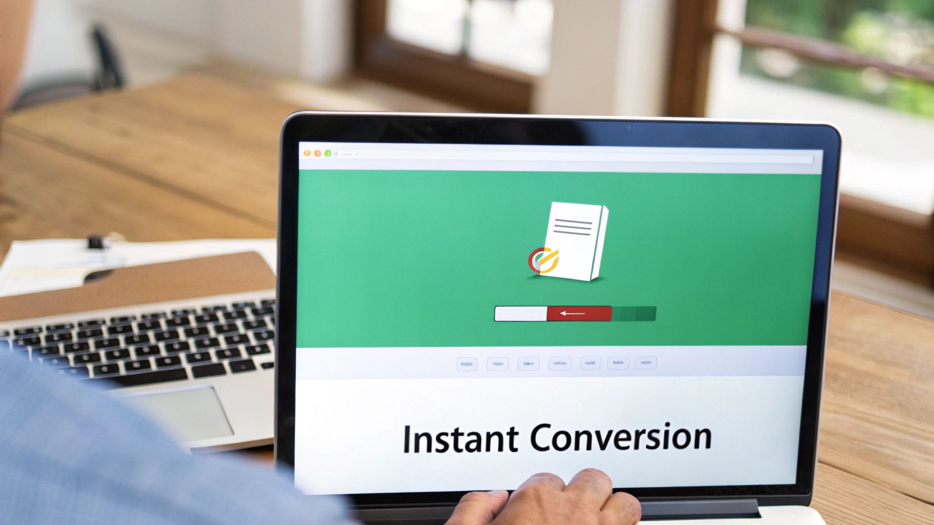 A person's hand on a laptop screen showing a document icon and 'Instant Conversion' text.