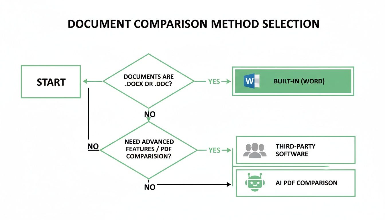 Flowchart detailing the selection process for document comparison methods, including Word and PDF options.