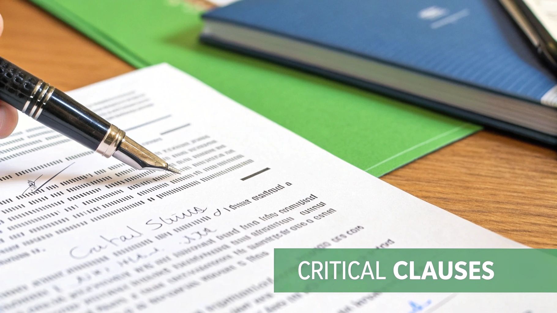 Close-up of a hand using a fountain pen to sign or review a document with 'Critical Clauses'.