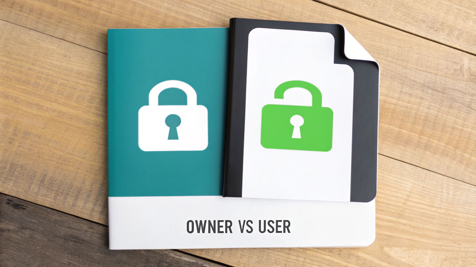 Dos documentos, uno bloqueado (verde azulado) y uno desbloqueado (blanco/verde), ilustrando conceptos de acceso de propietario frente a usuario.