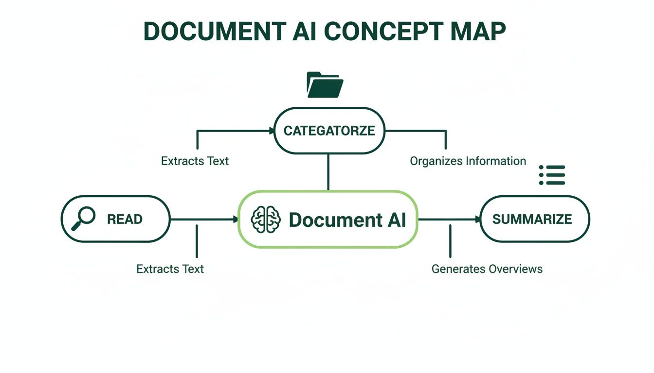 A concept map illustrating Document AI's functions: read, categorize, and summarize documents.
